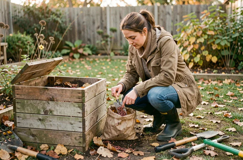Femme accroupie dans son jardin récoltant des vers de terre dans un lombricomposteur en bois pour les conserver