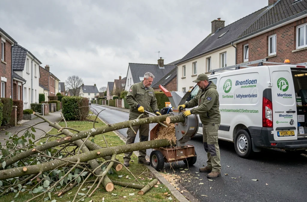Équipe de SEMA Paysage utilisant un broyeur de branches dans un quartier résidentiel breton