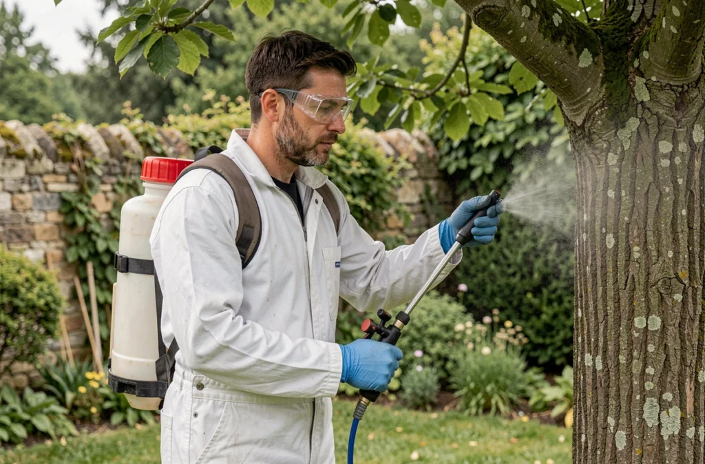 Un arboriste de Sev'Elag applique un traitement phytosanitaire sur un arbre en milieu rural