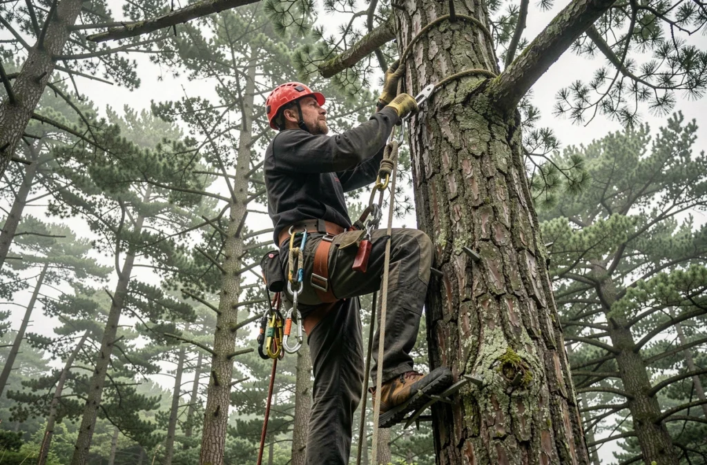 Élagueur de Trav'Hauteur grimpant un grand pin en forêt bretonne avec harnais et équipement professionnel