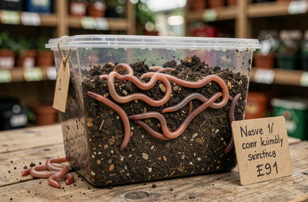 Récipient transparent rempli de vers de terre et de vermicompost vendu dans une jardinerie avec étiquette de prix