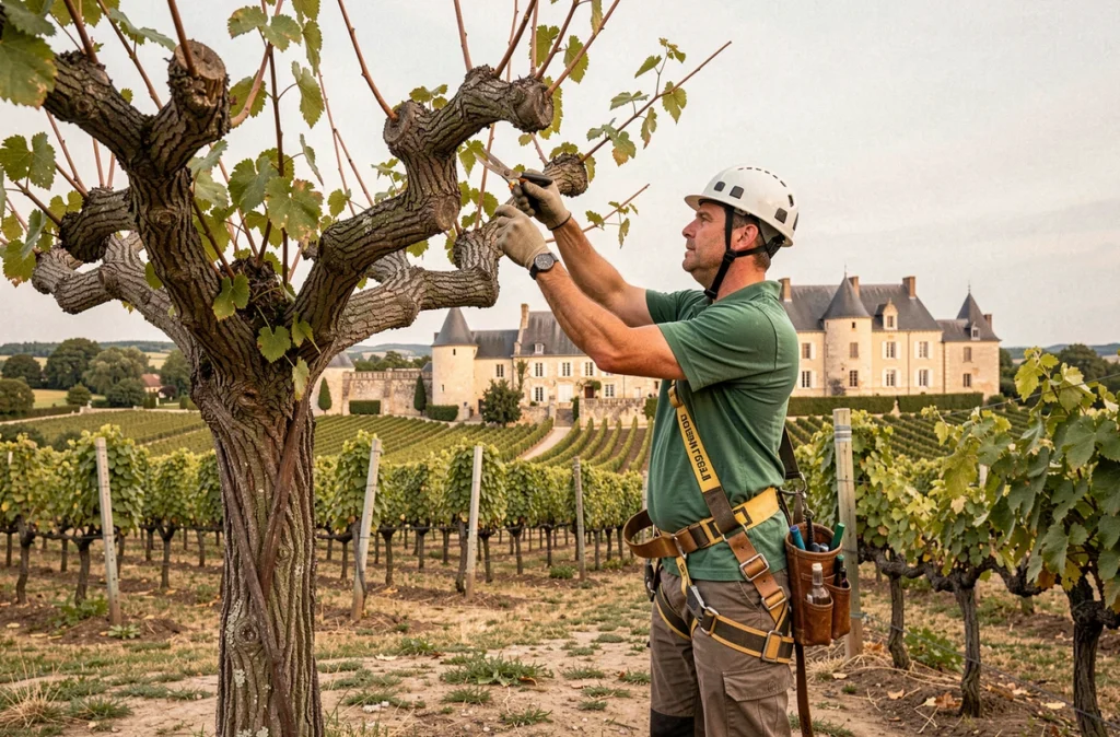Un élagueur de Virgile Espaces Verts intervient sur un arbre au milieu des vignes à Saint-Émilion