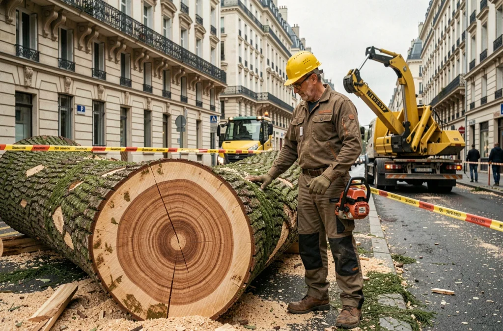 Un spécialiste de l'abattage d'arbres de W&G Élagage évalue un arbre abattu dans une rue de Bordeaux