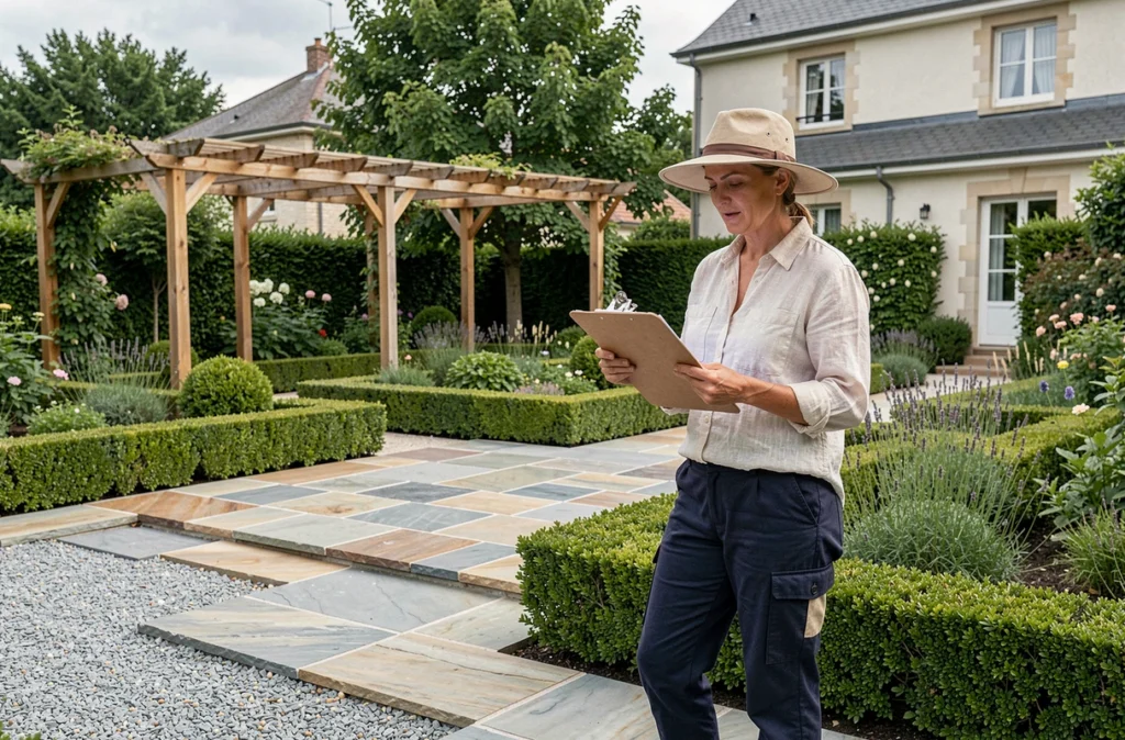 Paysagiste conceptrice inspectant un aménagement paysager moderne dans un jardin en Essonne