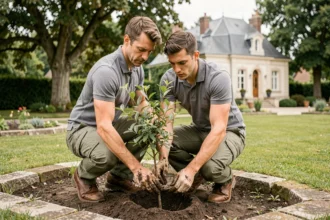 Paysagiste professionnel en Essonne plantant un arbuste dans un jardin résidentiel soigné