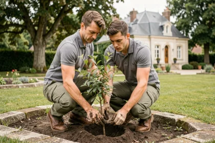 Paysagiste professionnel en Essonne plantant un arbuste dans un jardin résidentiel soigné
